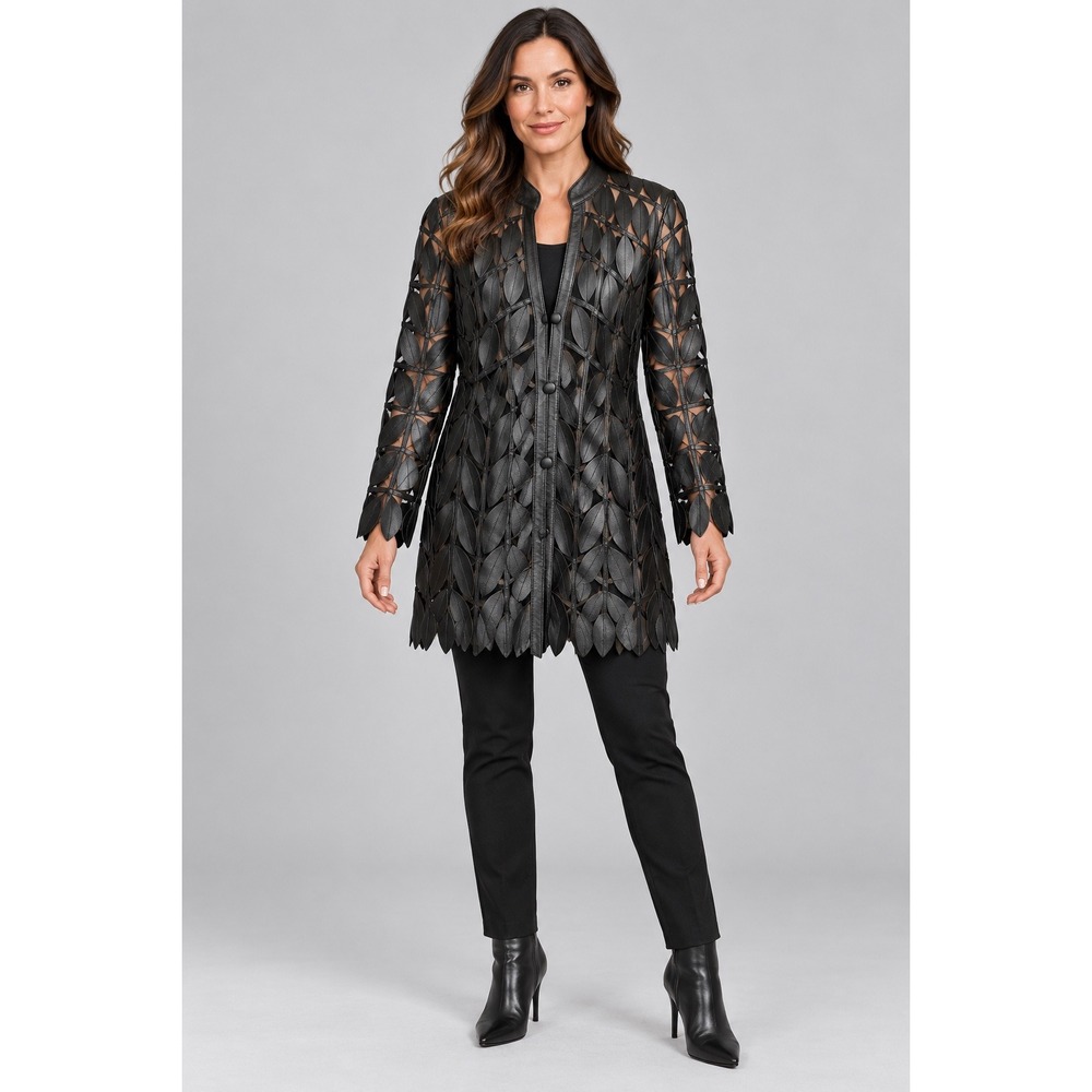 Stillman Studio New York Black Leather Leaf Cutout Mesh Duster Jacket Size M